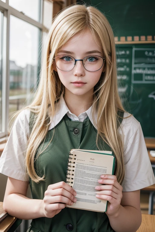 blonde teenage woman with green eyes, student with books in hand. Uniform in light colors, square prescription glasses, school room background.