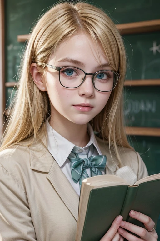 blonde teenage woman with green eyes, student with books in hand. Uniform in light colors, square prescription glasses, school room background.