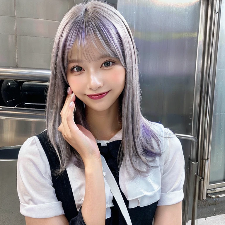One girl,Beautiful vintage colors, Instagram (photoRealistic, High resolution:1.4), ((Puffy eyes)), View your viewers, , whole body (8K, RAW Photos, Highest quality, masterpiece:1.2), (Realistic, photo-Realistic:1.37),(Sharp focus:1.2), Professional Lighting, Photon Mapping, Radio City, Physically Based Rendering, (Pale skin:1.2),(Small breasts:1.2), View your viewers, (Mid-length hair:1.5), Portraiture, Purple eyes, (Silver Hair:1.1),bangs, (Simple Background:1.4), alone, Upper Body, Realistic,(masterpiece:1.4),(Highest quality:1.4),(Shiny skin),Fashionable Girl,compensate,smile(skinny,Mouth closed,shy :1.3) ,(Are standing,