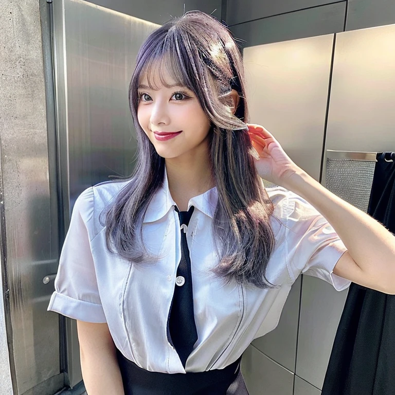 One girl,Beautiful vintage colors, Instagram (photoRealistic, High resolution:1.4), ((Puffy eyes)), View your viewers, , whole body (8K, RAW Photos, Highest quality, masterpiece:1.2), (Realistic, photo-Realistic:1.37),(Sharp focus:1.2), Professional Lighting, Photon Mapping, Radio City, Physically Based Rendering, (Pale skin:1.2),(Small breasts:1.2), View your viewers, (Mid-length hair:1.5), Portraiture, Purple eyes, (Silver Hair:1.1),bangs, (Simple Background:1.4), alone, Upper Body, Realistic,(masterpiece:1.4),(Highest quality:1.4),(Shiny skin),Fashionable Girl,compensate,smile(skinny,Mouth closed,shy :1.3) ,(Are standing,Black stewardess uniform,Necromancer:1.1),Medium Bust,Sexy pose ,whole body
