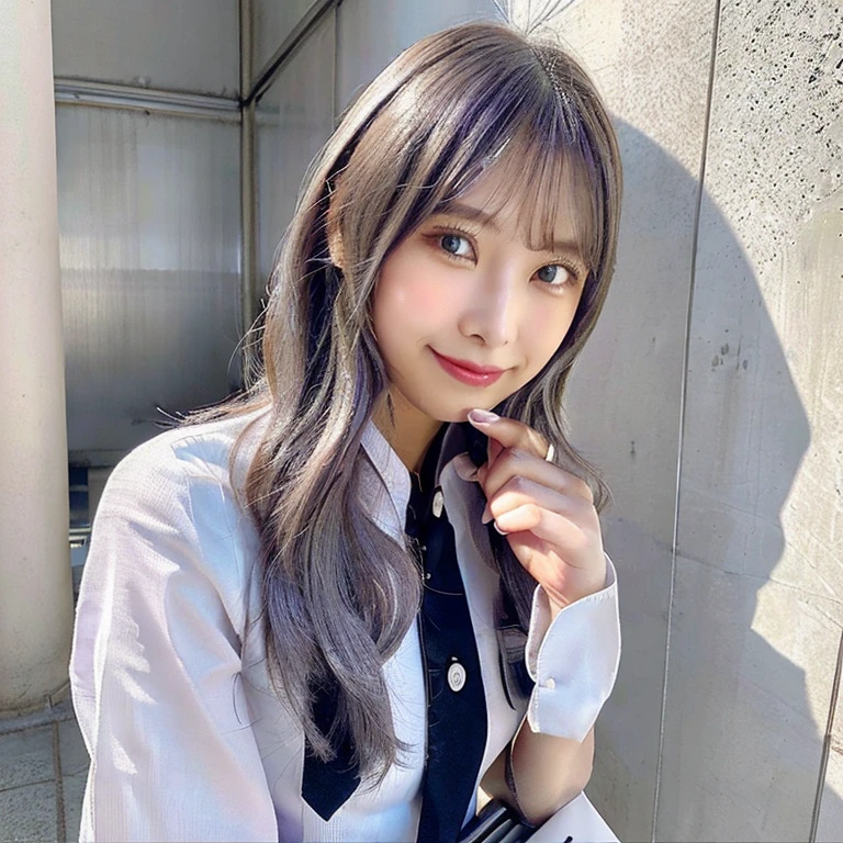 One girl,Beautiful vintage colors, Instagram (photoRealistic, High resolution:1.4), ((Puffy eyes)), View your viewers, , whole body (8K, RAW Photos, Highest quality, masterpiece:1.2), (Realistic, photo-Realistic:1.37),(Sharp focus:1.2), Professional Lighting, Photon Mapping, Radio City, Physically Based Rendering, (Pale skin:1.2),(Small breasts:1.2), View your viewers, (Mid-length hair:1.5), Portraiture, Purple eyes, (Silver Hair:1.1),bangs, (Simple Background:1.4), alone, Upper Body, Realistic,(masterpiece:1.4),(Highest quality:1.4),(Shiny skin),Fashionable Girl,compensate,smile(skinny,Mouth closed,shy :1.3) ,(Are standing,Black stewardess uniform,Necromancer:1.1),Medium Bust,Sexy pose ,whole body