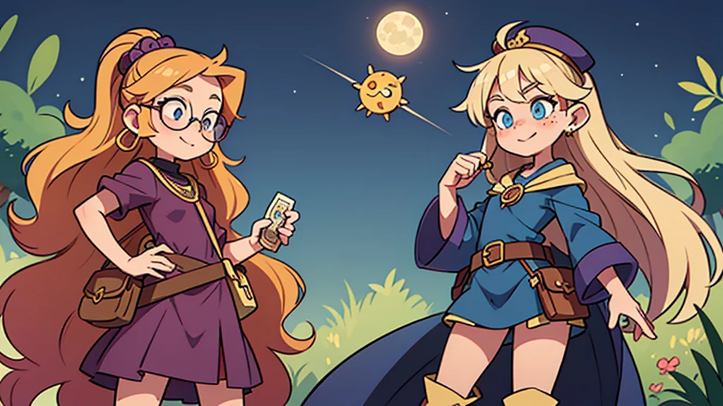 solo, full length image, head to toe, best quality, voluptuous woman in her late 20's, standing, clumsy, cute, long curly flowing blonde hair, round face with golden freckles, blushing cheeks, playful blue eyes, small round spectacles, a slight smile, long dark purple dress with ruffles, stars, moon and sun, fortune teller style clothing, thin gold belt loosely around her waist with small bags and pouches hanging from it, a cross body bag hanging at her hip with scrolls and potions visible, knee high leather boots with laces and charms, tarot cards in her hand, full length image, standing straight up