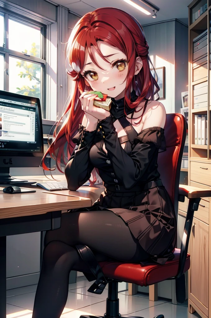 rikosakurauchi, Riko Sakurauchi, (Brown eyes:1.5), Hair between the eyes, Long Hair, (Redhead:1.5), (Small breasts:1.2), smile,blush,Open your mouth,Cold Shoulder Shirt,Short sleeve,Long skirt,Black pantyhose,Stiletto heels,Sitting in a chair,is holding a sandwich with both hands and eating it,There is a computer and a sandwich on the table.,interior,So that the whole body goes into the illustration,
break looking at viewer, 全身
break outdoors, office,
break (masterpiece:1.2), Highest quality, High resolution, unity 8k wallpaper, (figure:0.8), (Beautiful attention to detail:1.6), Highly detailed face, Perfect lighting, Highly detailed CG, (Perfect hands, Perfect Anatomy),