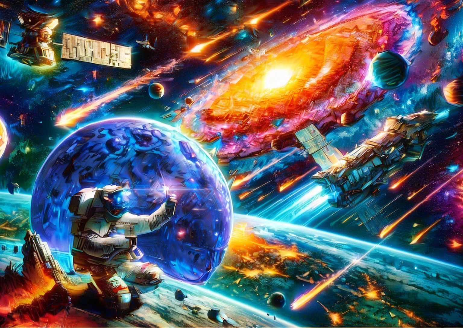 The background is a spectacularly large interstellar galaxy with planets orbiting it. The image includes elements such as spaceships, rocket ships and other celestial bodies. An astronaut photographs colorful galaxies and comets surrounded by space debris, like sat_FACEyalismart style, in vibrant colors. This scene creates a dynamic atmosphere that captures the excitement and wonder of exploring the outer universe. It vividly depicts the astronaut's journey through the cosmic landscape.