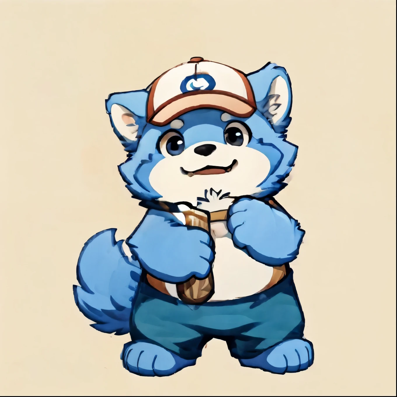 solo, botailang,Cute face, (baseball cap, Wielding Baseball bat) ,(Sideways, sidled), Chubby,(white eyebrows:1.1),(perfect black eyes),Simple background, Blue Background,print style。（Artist:Takemoto Arashi）