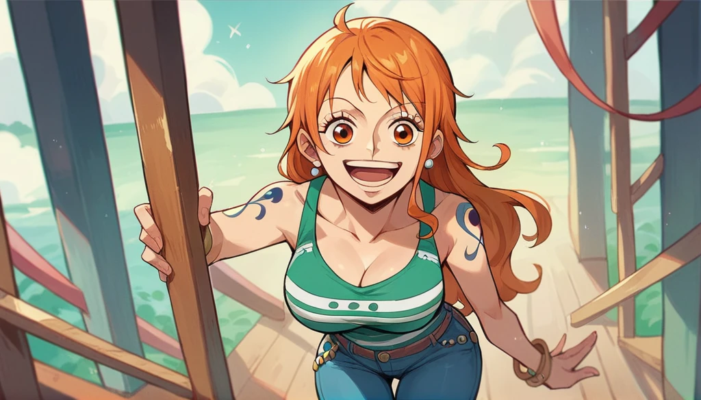 Nami one piece, happy face,(orange eyes),(jeans)
