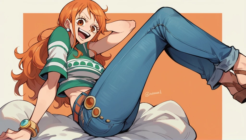 Nami one piece, happy face,(orange eyes),(jeans)