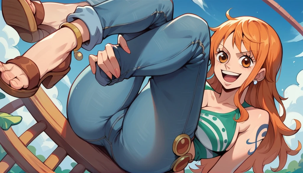 Nami one piece, happy face,(orange eyes),(jeans)