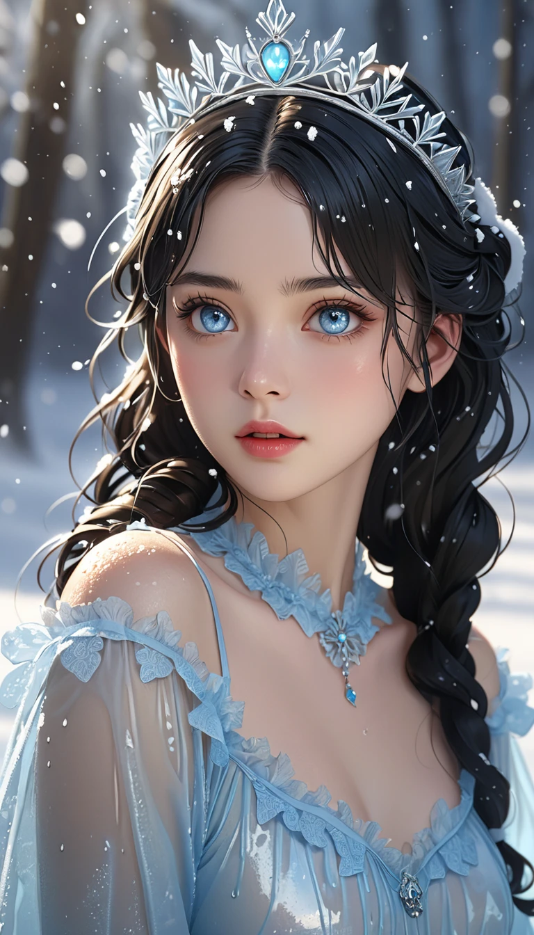 (((masterpiece))),best quality,illustration,8k wallpaper,UHD, high details,highres,16k,high quality, super detail, textured skin, accurate, anatomically correct, award winning, movie lighting,absurd,1 girl,(snow,ice),tiara,in winter,(pale blue eyes),longeyelashes,pupils sparkling,(black hair),shiny hair,medium hair style,curls,transparent clothes,frills,lace,wet clothes,leave_Shoulder,hair tie,masterpiece,telephoto lens,absurd,Exquisite face,features,natural light,soft light,(Seven-part combination),epic,Dreamy and magical,mystery,