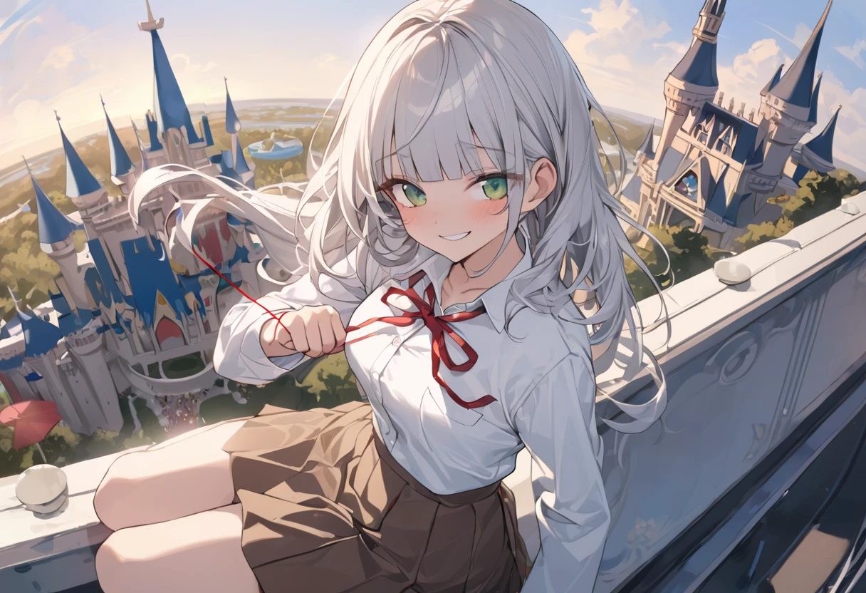 ((Masterpiece)), ((best quality)), (ultra-detailed), ((kawaii)), ((extremely detailed)), 4K, (8K), (super detail:1.2),(High Definition:1.3), (Professional Photography:1.2), (very aesthetic:1.2), (absurdres:1.2), (wide shot), cinematic lighting, (sharp focus), (perfect light), ((1girl)), ((12 years old)), (medium breast), (Healthy slim body), 8K, Textured skin, cinematic lighting, (1girl), short stature, ((cute teenage young girl)), (loose blunt bangs), slightly loose curls hair, (breasts length hair), pale silver hair, ((naughty smile)), (cute green eyes), drooping eyes, slender waist, ((pale Ivory blazer of school uniform)), BREAK, ((best quality)), (very aesthetic:1.2), (absurdres:1.2), (super detail:1.2), (white blouse), put on red string ribbon, (brown skirt), (paw pose), ((perfect hand)), (loose sitting on the rooftop), (the Disney Resort), Cinderella Castle spreading out below, Beautiful Horizon Background,