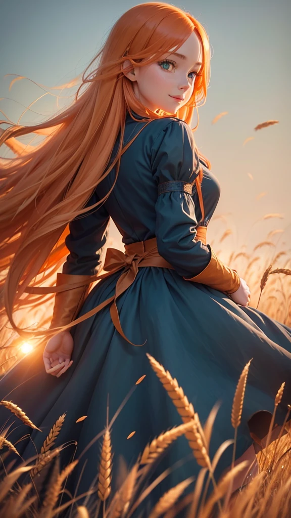 1 girl, Alone, Long orange hair, run, (tall wheat field), turn around, emerald eyes, long blue dress, Middle Ages, medieval costume, sunset long sleeve, light from behind, shadow in the figure, SMILE, risa, (blue sky), in the context of wheat, standing in the distance, looking at the viewer, longitud total