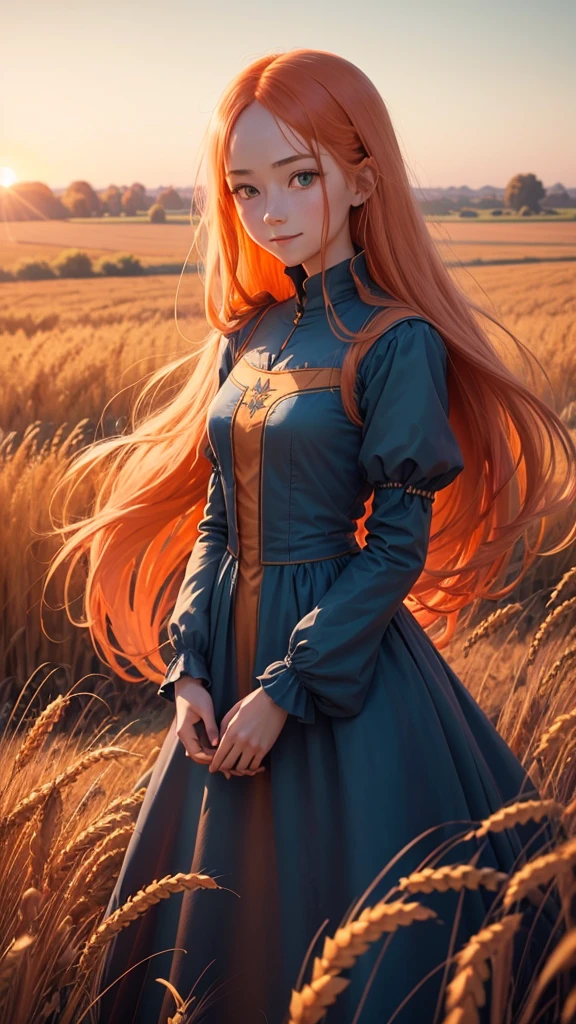 1 girl, Alone, Long orange hair, run, (tall wheat field), turn around, emerald eyes, long blue dress, Middle Ages, medieval costume, sunset long sleeve, light from behind, shadow in the figure, SMILE, risa, (blue sky), in the context of wheat, standing in the distance, looking at the viewer, longitud total
