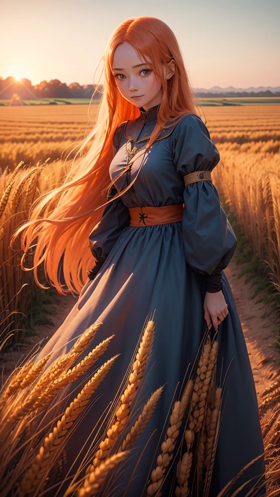 1 girl, Alone, Long orange hair, run, (tall wheat field), turn around, emerald eyes, long blue dress, Middle Ages, medieval costume, sunset long sleeve, light from behind, shadow in the figure, SMILE, risa, (blue sky), in the context of wheat, standing in the distance, looking at the viewer, longitud total