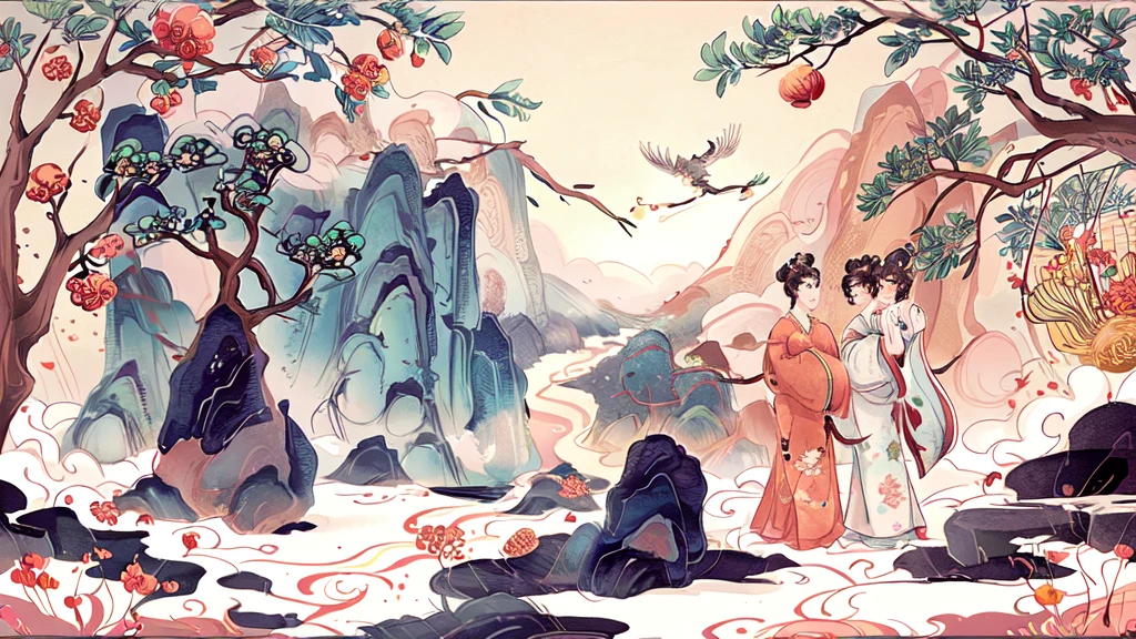 (masterpiece, best quality: 1.2), Traditional Chinese ink painting,Elegant，grassland，Peach Blossom Tree，Pear blossom tree，Flowers，plant