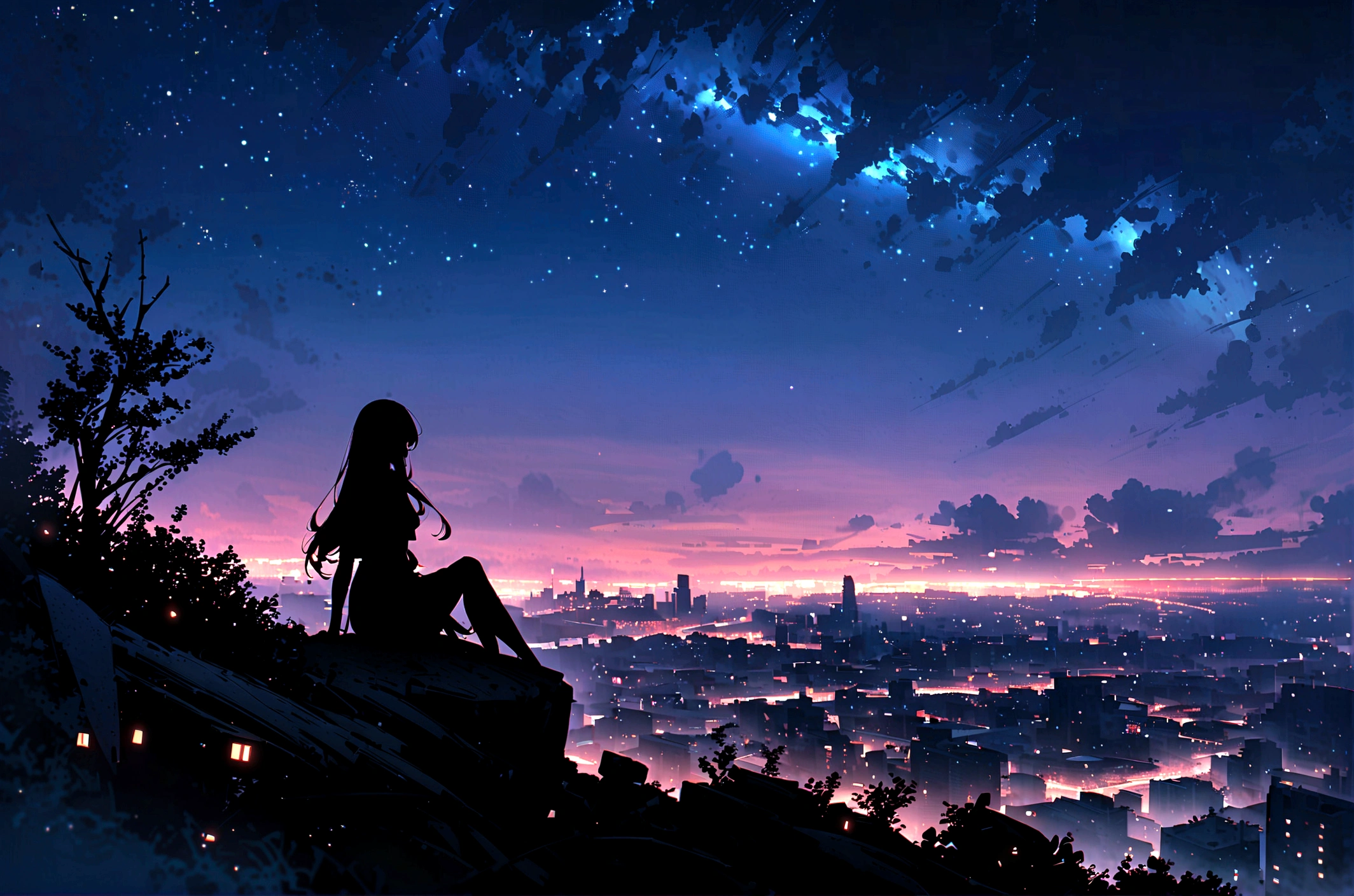 masterpiece,Octane, null, star (null), scenery, starnull, night, One girl, night null, alone, Outdoor, building, cloud, milky way, Sitting, wood, Long Hair, city, silhouette, cityscape,masterpiece,32k