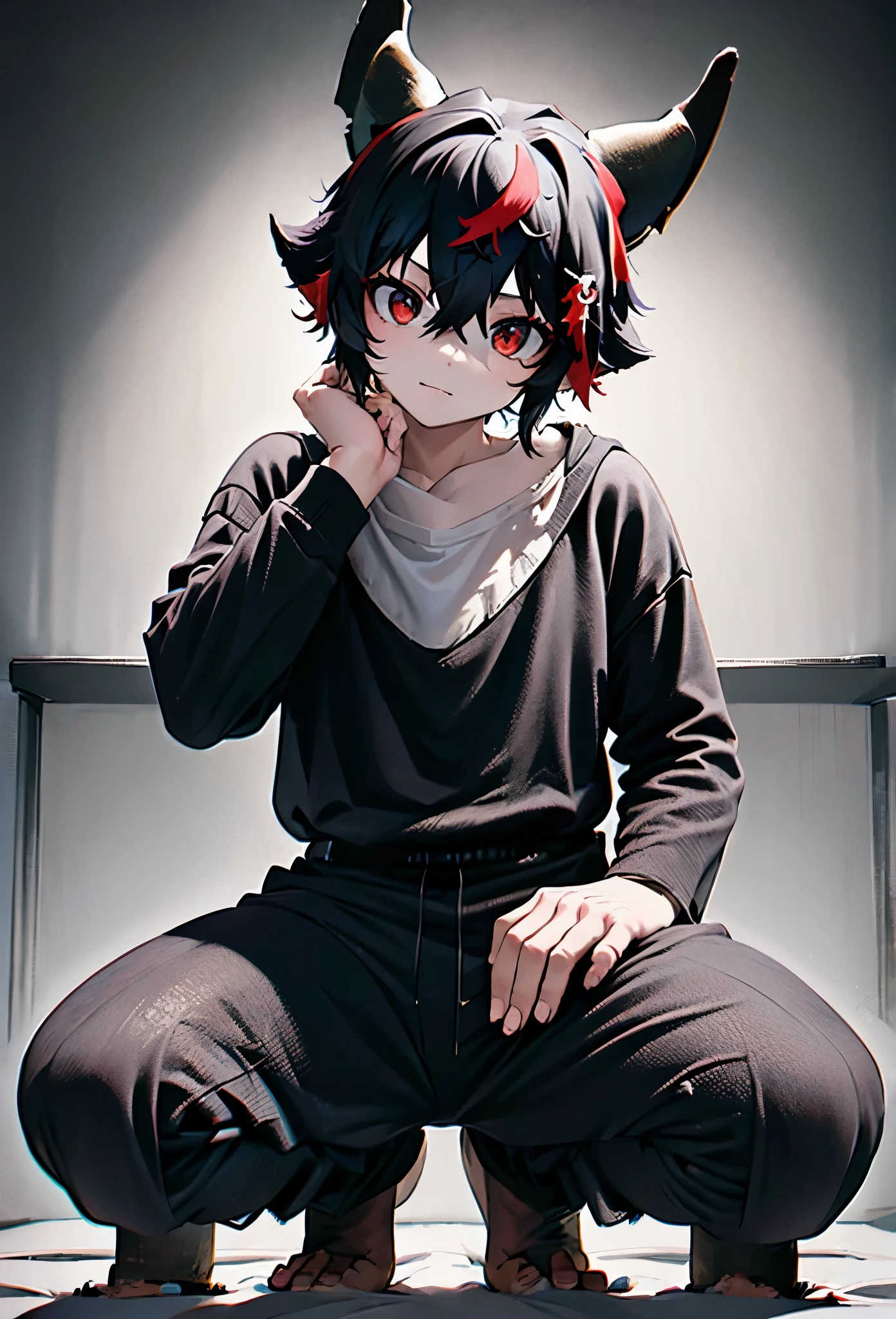 1boy, blacksmith, black hair , two horns in the head