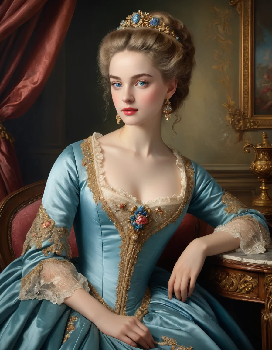 (highres,masterpiece:1.2),(realistic:1.37)A portrait of a French aristocrat girl in the 18th century with unparalleled beauty. She has mesmerizing blue eyes and delicate rosy lips. The portrait is meticulously detailed, capturing every subtle nuance of her features. She is adorned in an exquisite silk gown, embellished with intricate lace and delicate embroidery. The painting showcases the opulence of the era, with lush velvet curtains and gilded furniture in the background. The lighting is soft and diffused, accentuating the girl's ethereal beauty. The colors are vibrant and rich, creating a captivating visual experience. The portrait is created in the style of classical portraiture, reminiscent of the works of renowned artists from the era. It exudes elegance, grace, and sophistication.