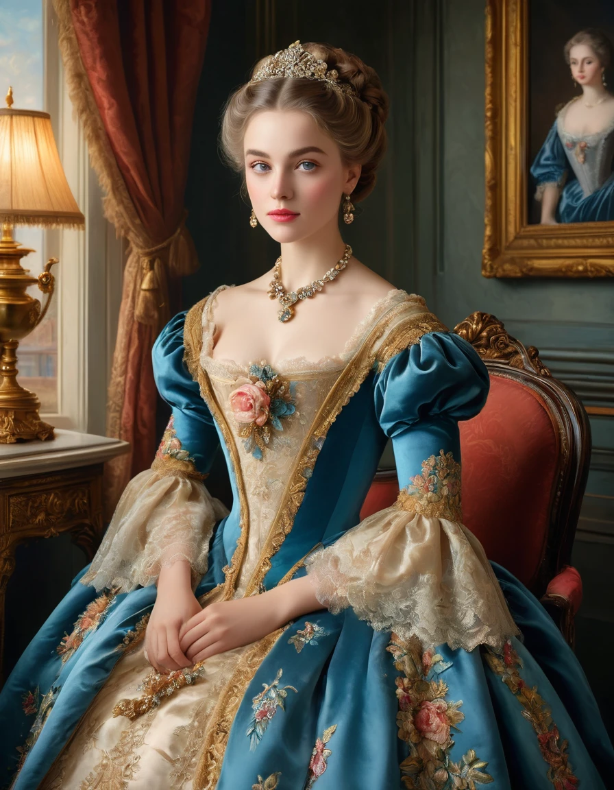 (highres,masterpiece:1.2),(realistic:1.37)A portrait of a French aristocrat girl in the 18th century with unparalleled beauty. She has mesmerizing blue eyes and delicate rosy lips. The portrait is meticulously detailed, capturing every subtle nuance of her features. She is adorned in an exquisite silk gown, embellished with intricate lace and delicate embroidery. The painting showcases the opulence of the era, with lush velvet curtains and gilded furniture in the background. The lighting is soft and diffused, accentuating the girl's ethereal beauty. The colors are vibrant and rich, creating a captivating visual experience. The portrait is created in the style of classical portraiture, reminiscent of the works of renowned artists from the era. It exudes elegance, grace, and sophistication.