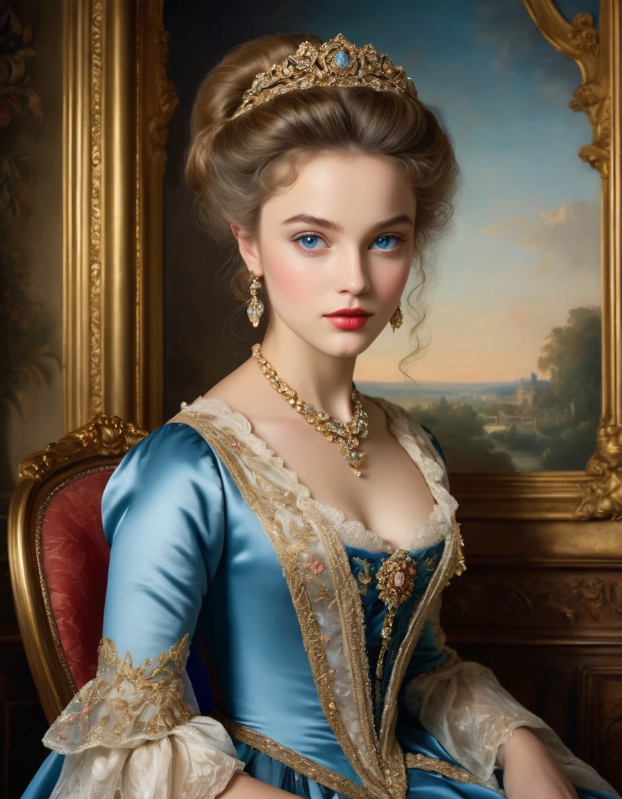 (highres,masterpiece:1.2),(realistic:1.37)A portrait of a French aristocrat girl in the 18th century with unparalleled beauty. She has mesmerizing blue eyes and delicate rosy lips. The portrait is meticulously detailed, capturing every subtle nuance of her features. She is adorned in an exquisite silk gown, embellished with intricate lace and delicate embroidery. The painting showcases the opulence of the era, with lush velvet curtains and gilded furniture in the background. The lighting is soft and diffused, accentuating the girl's ethereal beauty. The colors are vibrant and rich, creating a captivating visual experience. The portrait is created in the style of classical portraiture, reminiscent of the works of renowned artists from the era. It exudes elegance, grace, and sophistication.
