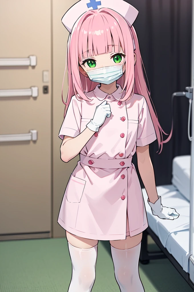 1boy, solo, male focus, nurse, white nurse cap, white nurse uniform, ((white legwear, zettai ryouiki)), white gloves, blunt bangs, pink hair, green eyes, drooping eyes, ((white surgical mask, covered nose)), standing, ((hospital room)), sharp outline, short sleeves, shota, , best quality, masterpiece