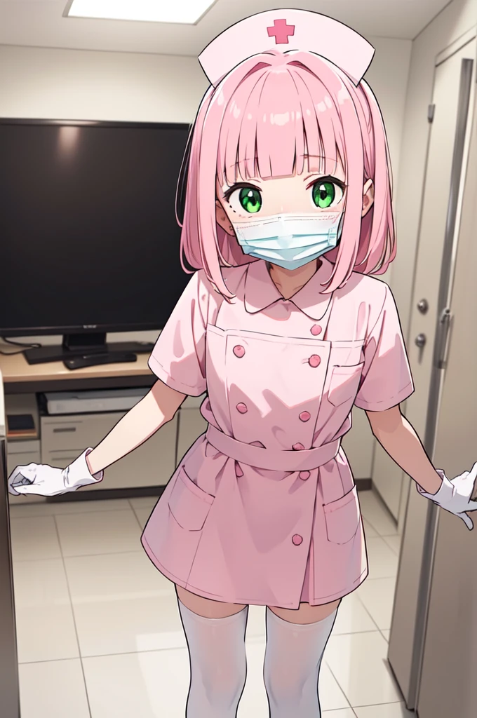 1boy, solo, male focus, nurse, white nurse cap, white nurse uniform, ((white legwear, zettai ryouiki)), white gloves, blunt bangs, pink hair, green eyes, drooping eyes, ((white surgical mask, covered nose)), standing, ((hospital room)), sharp outline, short sleeves, shota, , best quality, masterpiece
