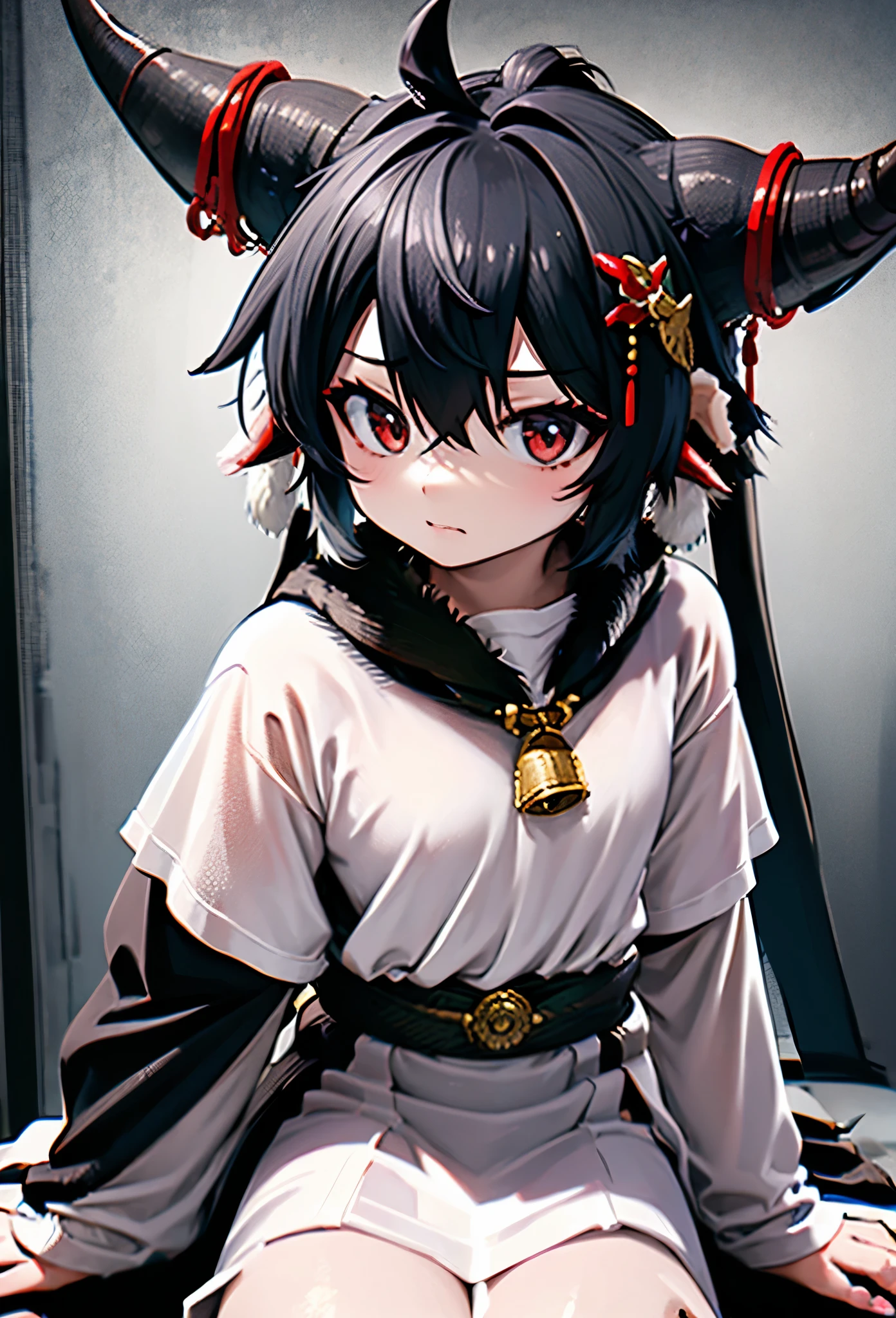 1boy, blacksmith, black hair , two horns in the head