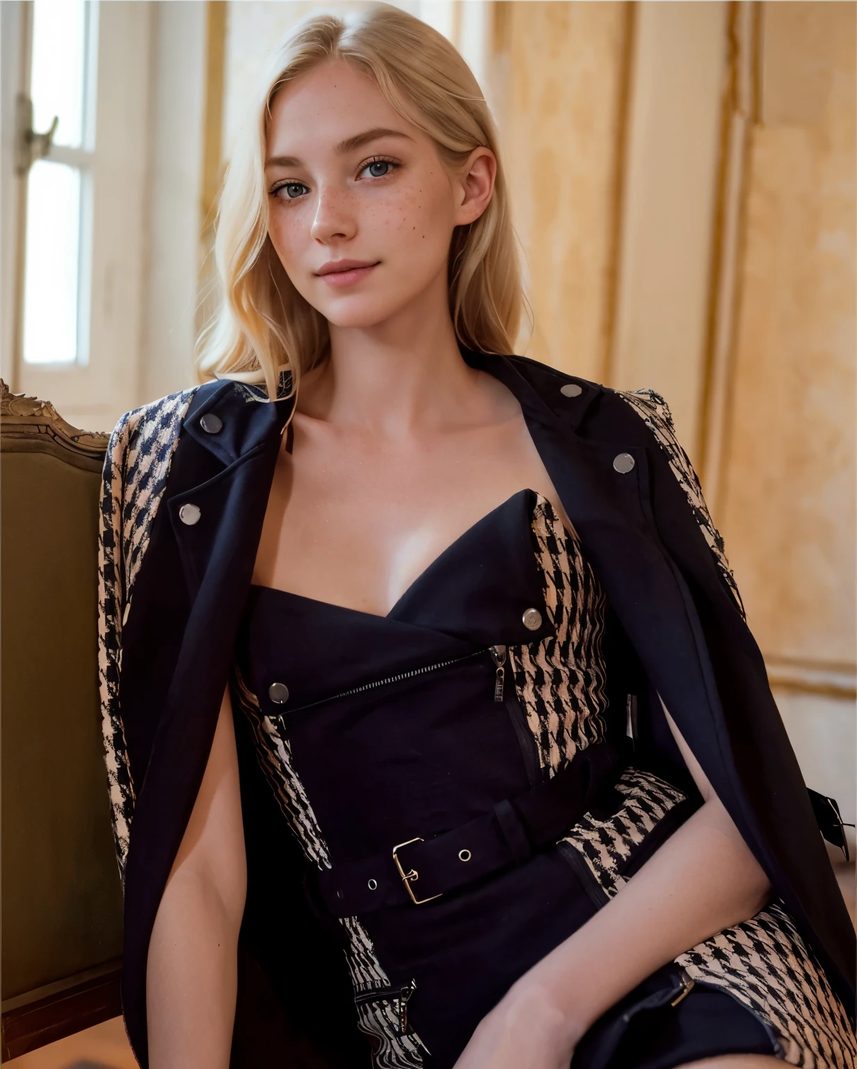 a one woman, americana, age 25, pale skin and freckles, grey-eyed, delicate nose, soft and delicate lips, distant, distant, wavy, waist-length blonde hair, Sweet smile, face with delicate feminine facial features, Highly Rendering, golden bracelet