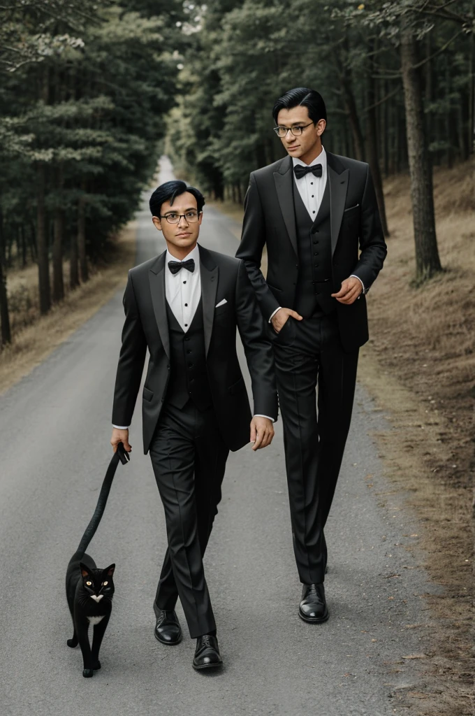 Walking man, With glasses, black hair, wide nose, thick lips, elongated face, gray suit dress with vest, carrying a new world translation bible in his right hand,a cat in a tuxedo is walking next to him. On a medieval road.
