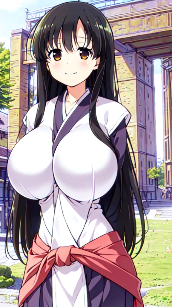 Girl in Priestess Uniform, Kasumi Iwato ,Outfit with open chest, Shoulder-exposing sleeves, Short hakama, smile, looking at viewer, (Huge Breasts:1.4), Inside Japan house, Close-up from the waist up