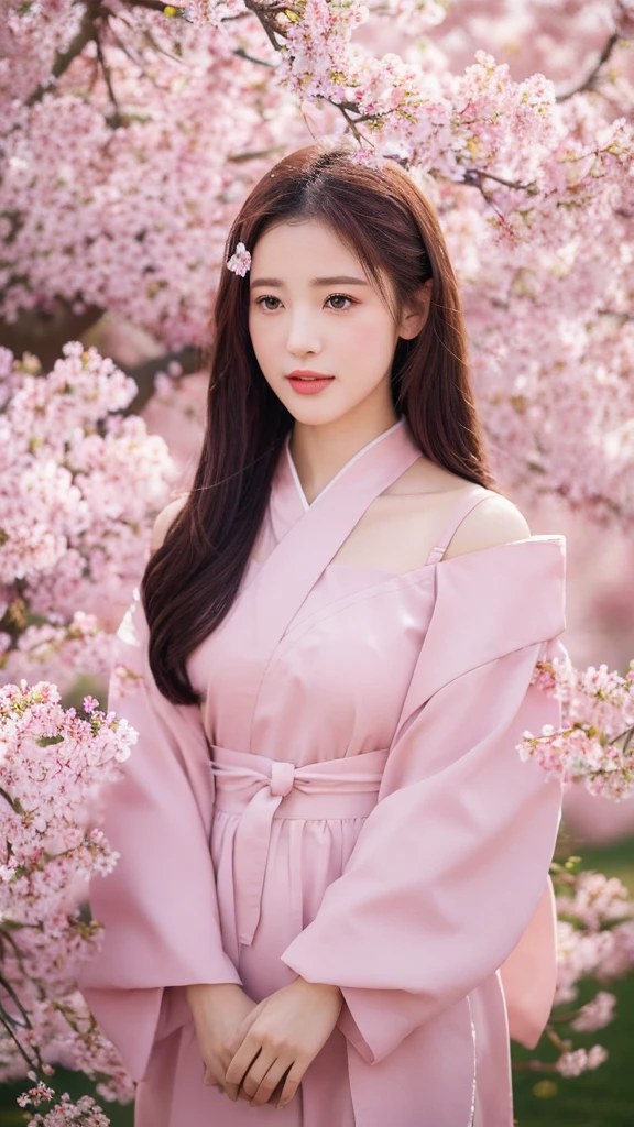 （lifelike， high resolution：1.3）， close up，Sense of story，Realism，Chinese aesthetics，Under a cherry tree。Cherry blossoms are falling，Like pink snowflakes。Her posture is elegant，Full of the charm of spring。A crown decorated with cherry blossoms is worn on the head，The surrounding cherry blossoms complement each other。The background is a sea of pink cherry blossoms，The breeze blows through the flowers，In the distance are ancient temples and pagodas。The colors are elegant and fresh，Depicting a story about youth and hope。