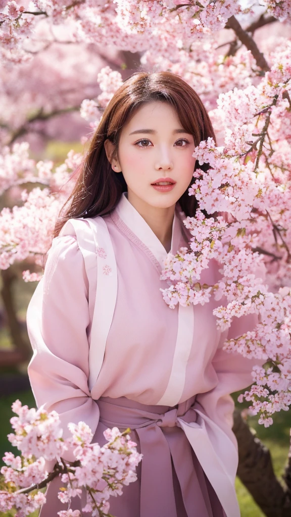 （lifelike， high resolution：1.3）， close up，Sense of story，Realism，Chinese aesthetics，Under a cherry tree。Cherry blossoms are falling，Like pink snowflakes。Her posture is elegant，Full of the charm of spring。A crown decorated with cherry blossoms is worn on the head，The surrounding cherry blossoms complement each other。The background is a sea of pink cherry blossoms，The breeze blows through the flowers，In the distance are ancient temples and pagodas。The colors are elegant and fresh，Depicting a story about youth and hope。