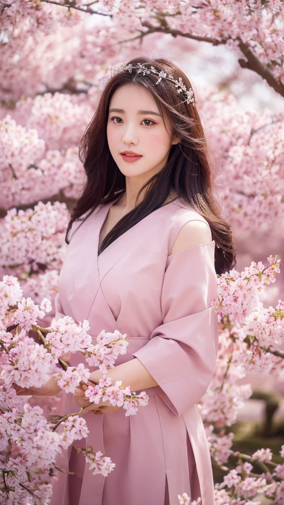 (lifelike, high resolution:1.3), close up,Sense of story,Realism,Chinese aesthetics,Under a cherry tree。Cherry blossoms are falling,Like pink snowflakes。Her posture is elegant,Full of the charm of spring。A crown decorated with cherry blossoms is worn on the head,The surrounding cherry blossoms complement each other。The background is a sea of pink cherry blossoms,The breeze blows through the flowers,In the distance are ancient temples and pagodas。The colors are elegant and fresh,Depicting a story about youth and hope。