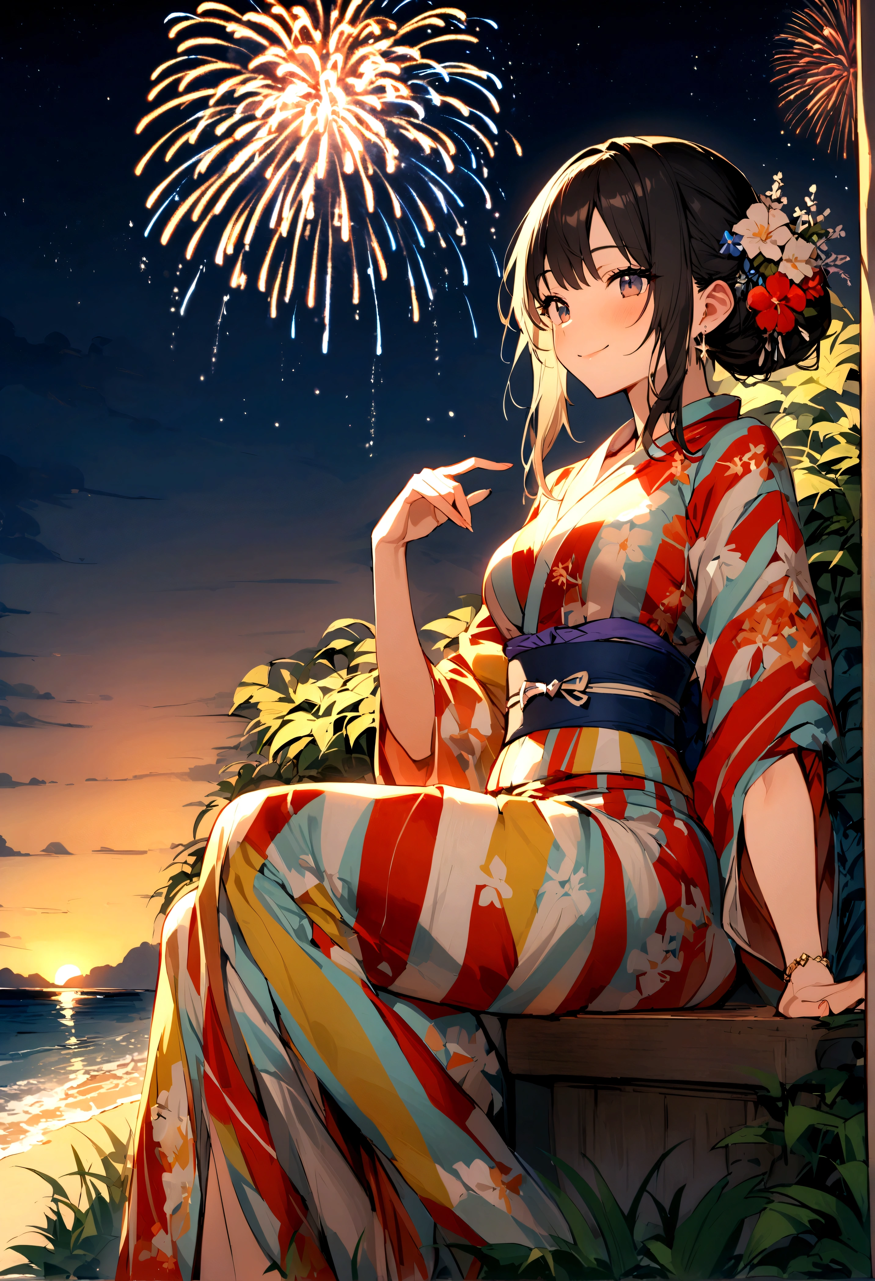 masterpiece, best quality, Summer Kimono, Flowering, firework, firefly,reed bush, Smile, Night Sky, Black hair,(one person),Beach