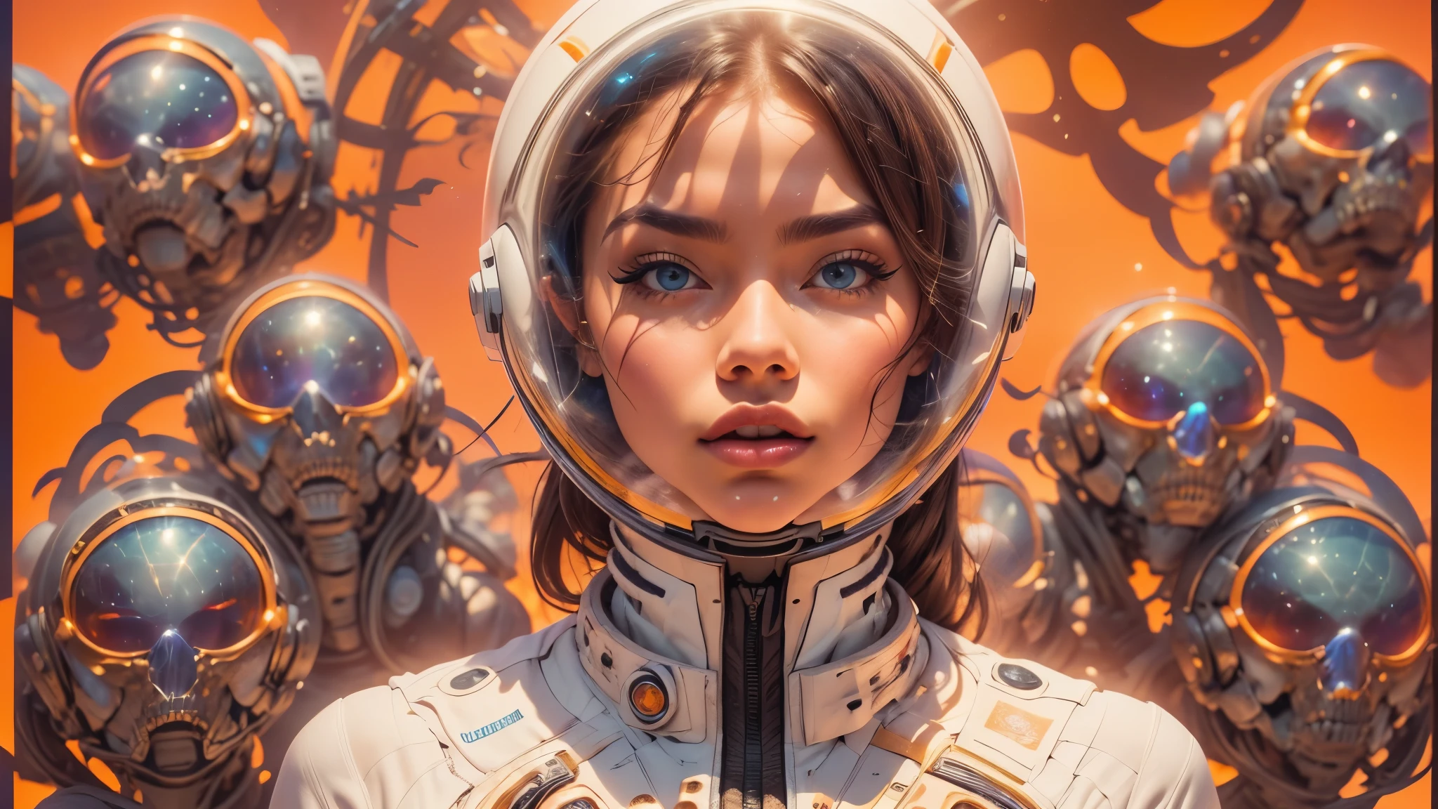 arafed image of a white woman in a futuristic suit with a spaceship in the background, movie art, in front of an orange background, inspired by Robert McGinnis, female protagonist, megastructure in the background, portrait of an ai astronaut, astronauts, an astronaut, portrait of a astronaut skeletor, perfect android girl, Highly Detailed Face and Skin Texture, Detailed Eyes, Double eyelids, perfectly detailed teeth, frank franzzeta and sakimichan