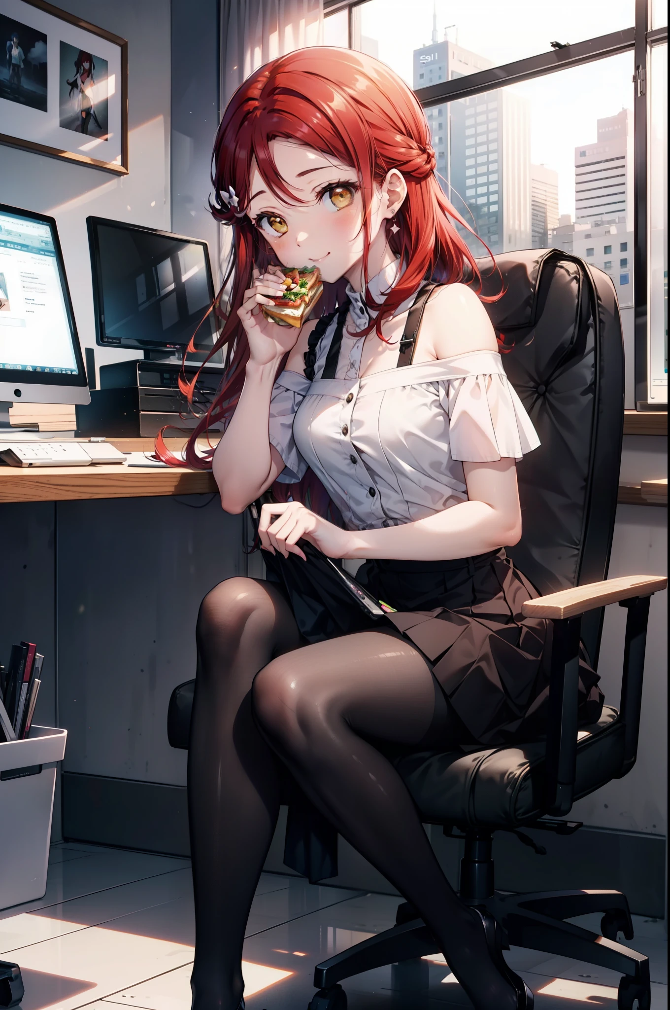 rikosakurauchi, Riko Sakurauchi, (Brown eyes:1.5), Hair between the eyes, Long Hair, (Redhead:1.5), (Small breasts:1.2), smile,Cold Shoulder Shirt,Short sleeve,Long skirt,Black pantyhose,Stiletto heels,Sitting in a chair,is holding a sandwich with both hands and eating it,There is a computer and a sandwich on the table.,interior,So that the whole body goes into the illustration,
break looking at viewer, 全身
break outdoors, office,
break (masterpiece:1.2), Highest quality, High resolution, unity 8k wallpaper, (figure:0.8), (Beautiful attention to detail:1.6), Highly detailed face, Perfect lighting, Highly detailed CG, (Perfect hands, Perfect Anatomy),