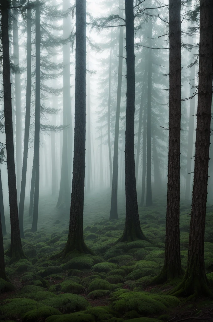 A gloomy forest with mist in the background full of vivid shadows