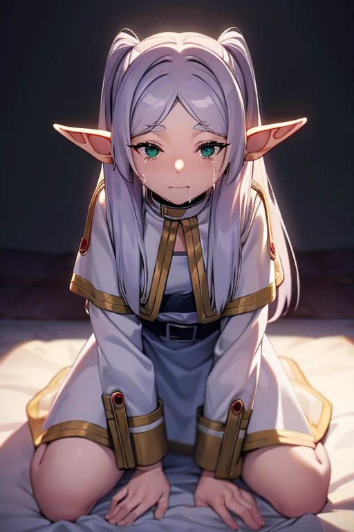 kneeling down on bed, with transparent white shirt, mourning, elf ears , Sobbing 