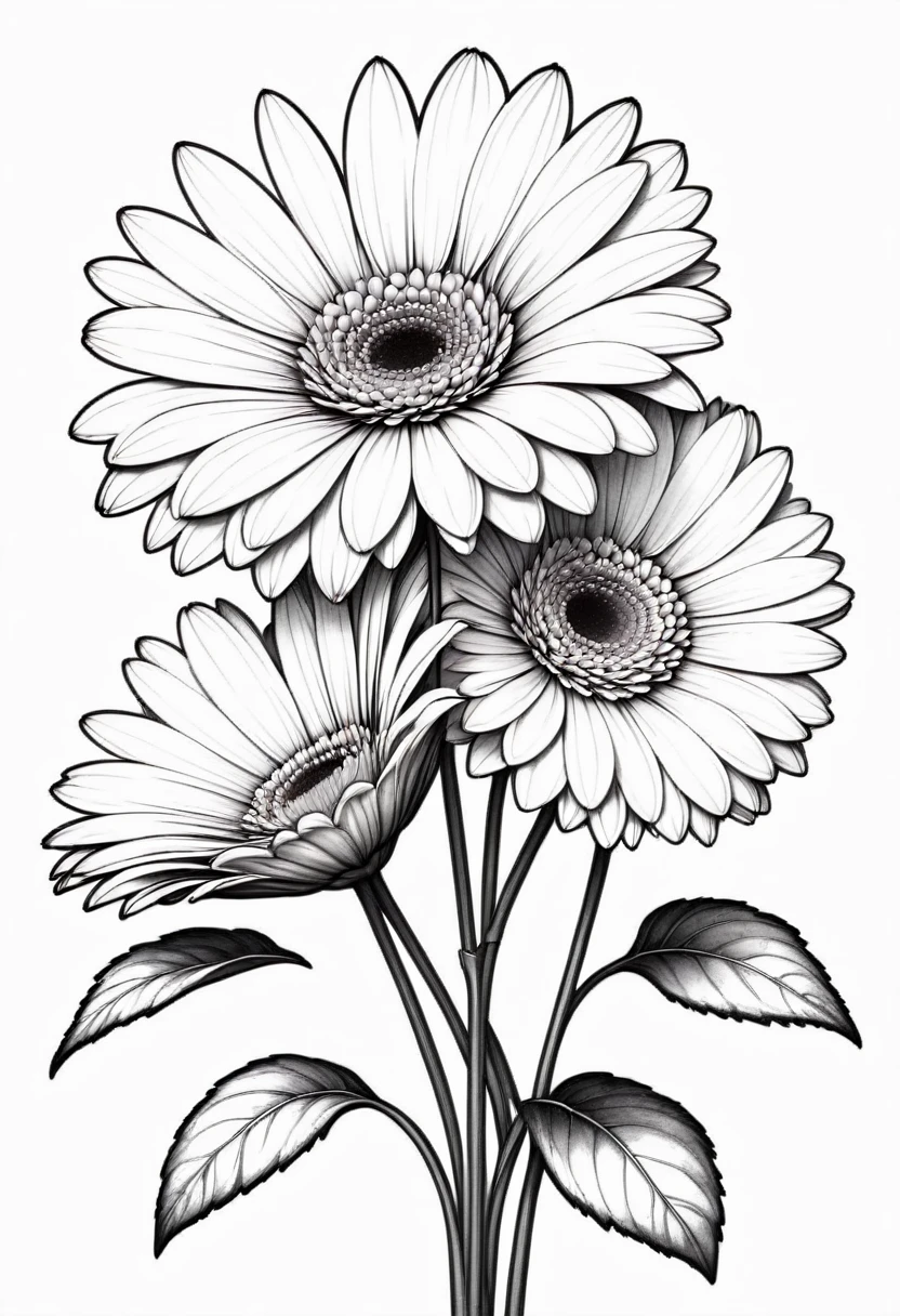 thin line drawing without shading and without black areas, gerbera drawing, On white background, monochrome, black andwhite, no shadows, white background