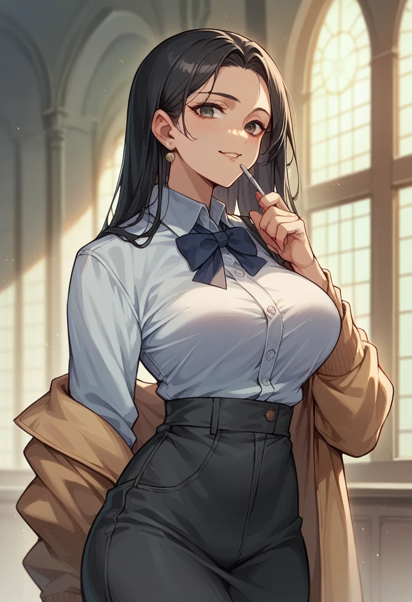 Female 26 years old，housewife，Sunlight，Smile，put on lipstick，light brown short curly hair，Tie a ponytail on the left side，Slightly plump，half moon earrings，Close-up photo of face，Home apron