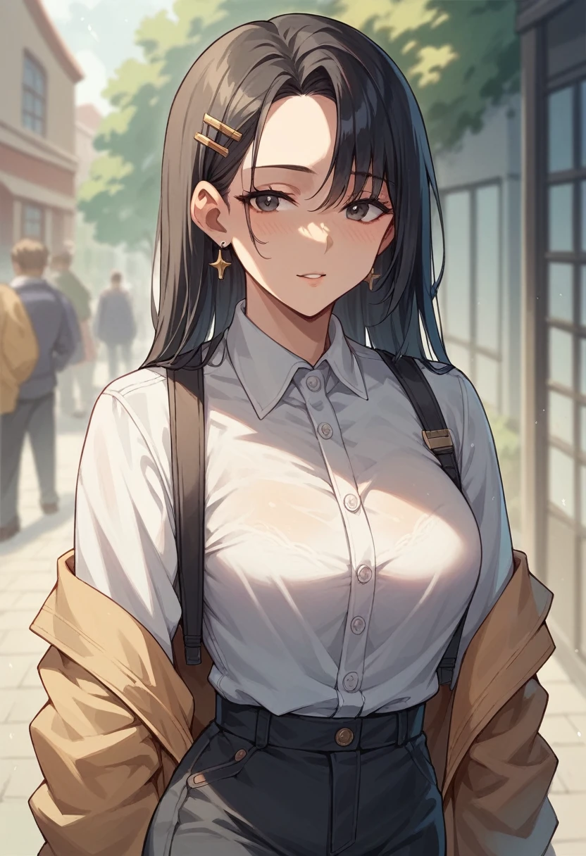 (masterpiece:1.2, top-quality), (realistic, photorealistic:1.4), beautiful illustration, (Sharp focus), (natural side lighting, movie lighting), nsfw, (arms behind back:1.5),
looking at viewer, cowboy shot, front view:0.6, 1 girl, japanese, high school girl, perfect face, cute and symmetrical face, shiny skin,
(long hair:1.8, straight hair:1.7, hair intakes, black hair), blunt bangs, gold eyes, long eye lasher, (colossal breasts:1.5), (Sheer nipple), (thick thighs),
beautiful hair, beautiful face, beautiful detailed eyes, beautiful clavicle, beautiful body, beautiful chest, beautiful thigh, (arms behind back),
((brown camisole dresses, street style, long sleeve polo shirt in white)),
(beautiful scenery), evening, riverside, standing, (half-closed eye,lovely smile, upper eyes),