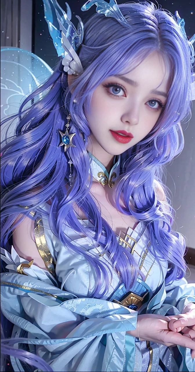 Close-up of a woman in costume on stage, Whole body xylose, Beautiful celestial mage, a stunning young ethereal figure, beautiful fantasy empress, astral witch clothes, shaxi, flowing magical robe, Hanfu Blanco, xianxia fantasy, belle delphine, Ethereal fantasy, elegant glamourous cosplay, heise jinyao,((Top-down view)),((Lie flat)),Lie flat on the ground,Lips wear thick red lipstick