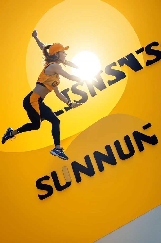Create a flat vector, illustrative-style wordmark logo design for a sports brand named 'Sunshine Sports', where the letter 'S' in 'Sunshine' is elongated and stylized to resemble a dynamic figure in motion. Use vibrant shades of yellow and orange to energy and positivity against a white background. Do not show any photo detail shading.
