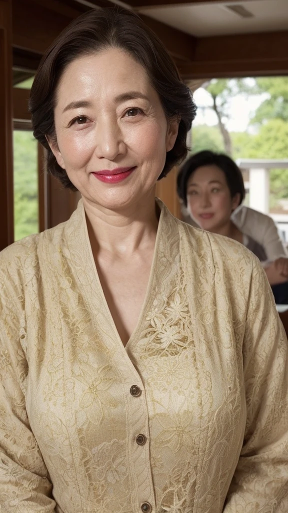 Kawase Hasui, gravure, senior citizen, Draw lips correctly, Red lipstick, From the chest up, 16K, Highest quality, Very detailed, Realistic, Very detailed肌, Perfect Anatomy, (Japanese), (alone), 100 years old, Large Breasts, Mature female politician, Glamour, sexy, Chromo White Skin, View your audience,