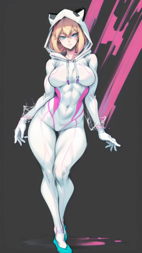 Full body image of Gwen Stacy as Spider-Gwen, full body in image, wearing her original Spider-Gwen outfit (white, black, and pink hooded suit with web patterns on the inside of the hood, white gloves, and blue ballet shoes), short blonde hair with the hood partially down, female body, slender and athletic body, dynamic pose, detailed pose, simple background, expressive face showing determination, focus on face, line art, sketch
