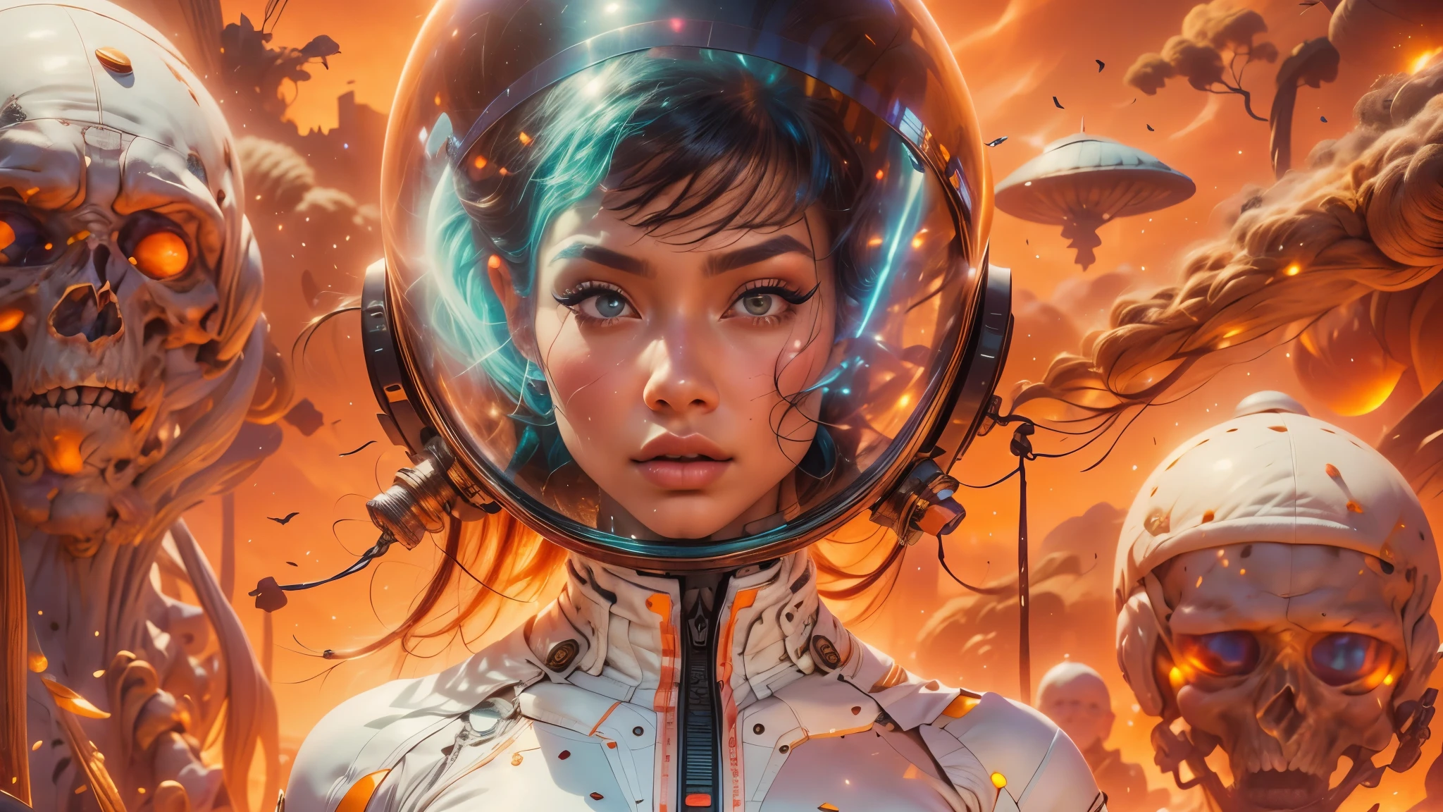 arafed image of a white woman in a futuristic suit with a spaceship in the background, movie art, in front of an orange background, inspired by Robert McGinnis, female protagonist, megastructure in the background, portrait of an ai astronaut, astronauts, an astronaut, portrait of a astronaut skeletor, perfect android girl, Highly Detailed Face and Skin Texture, Detailed Eyes, Double eyelids, perfectly detailed teeth, frank franzzeta and sakimichan  