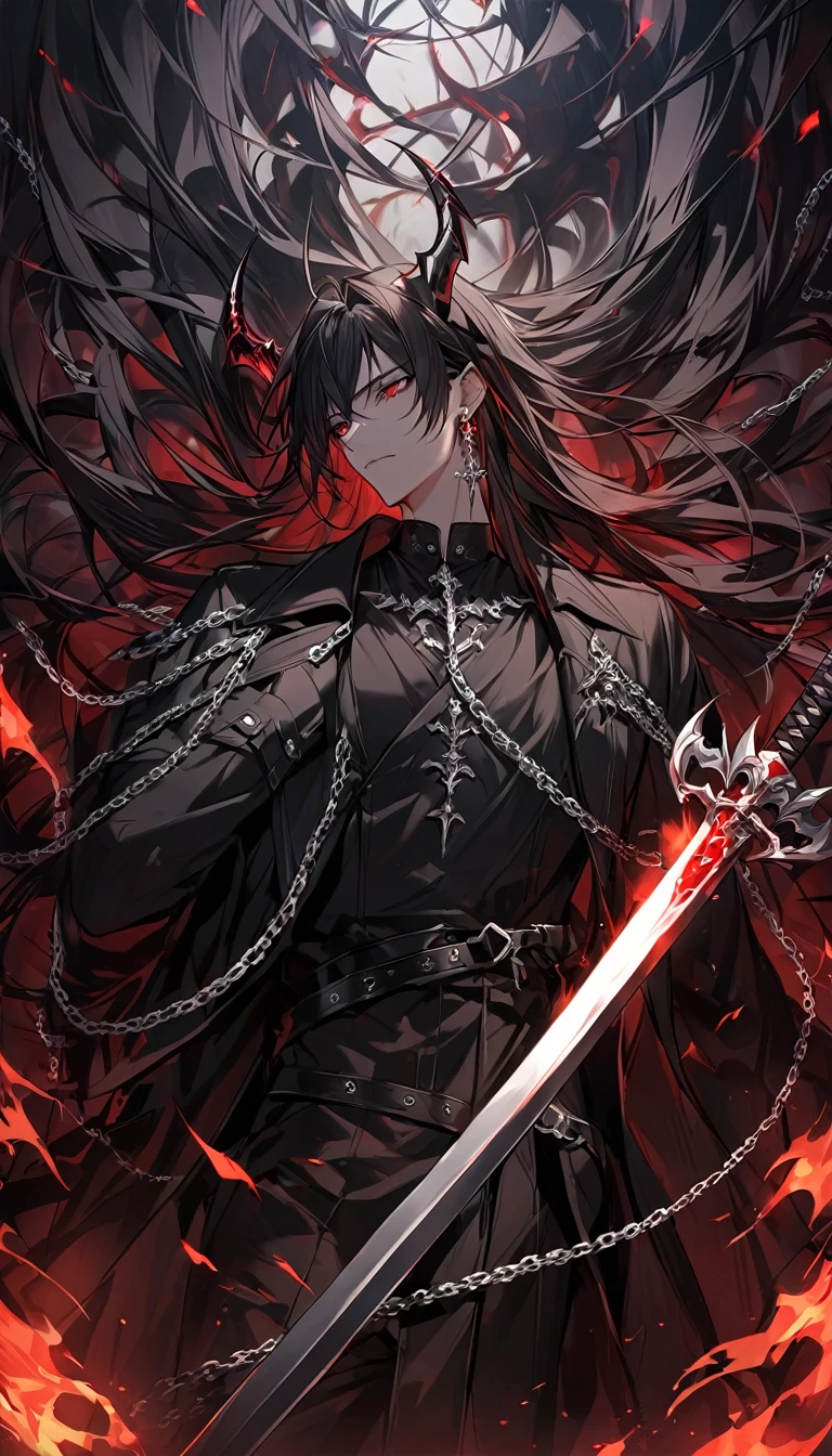 alone, good looking, 1 male, Long hair, Middle parted, Black hair, Red eyes, Black shirt, White Thailand, Black Trench Coat, Royal Silver Jewellery, Royal Demon Earrings, Black horns, Demon Crown, Demonic Katana Sword, Chains, On Back, Demonic Black flames Aura, Side profile, fallen angel, melancholy 
