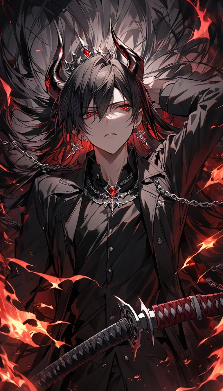 alone, good looking, 1 male, Long hair, Middle parted, Black hair, Red eyes, Black shirt, White Thailand, Black Trench Coat, Royal Silver Jewellery, Royal Demon Earrings, Black horns, Demon Crown, Demonic Katana Sword, Chains, On Back, Demonic Black flames Aura, Side profile, fallen angel, melancholy