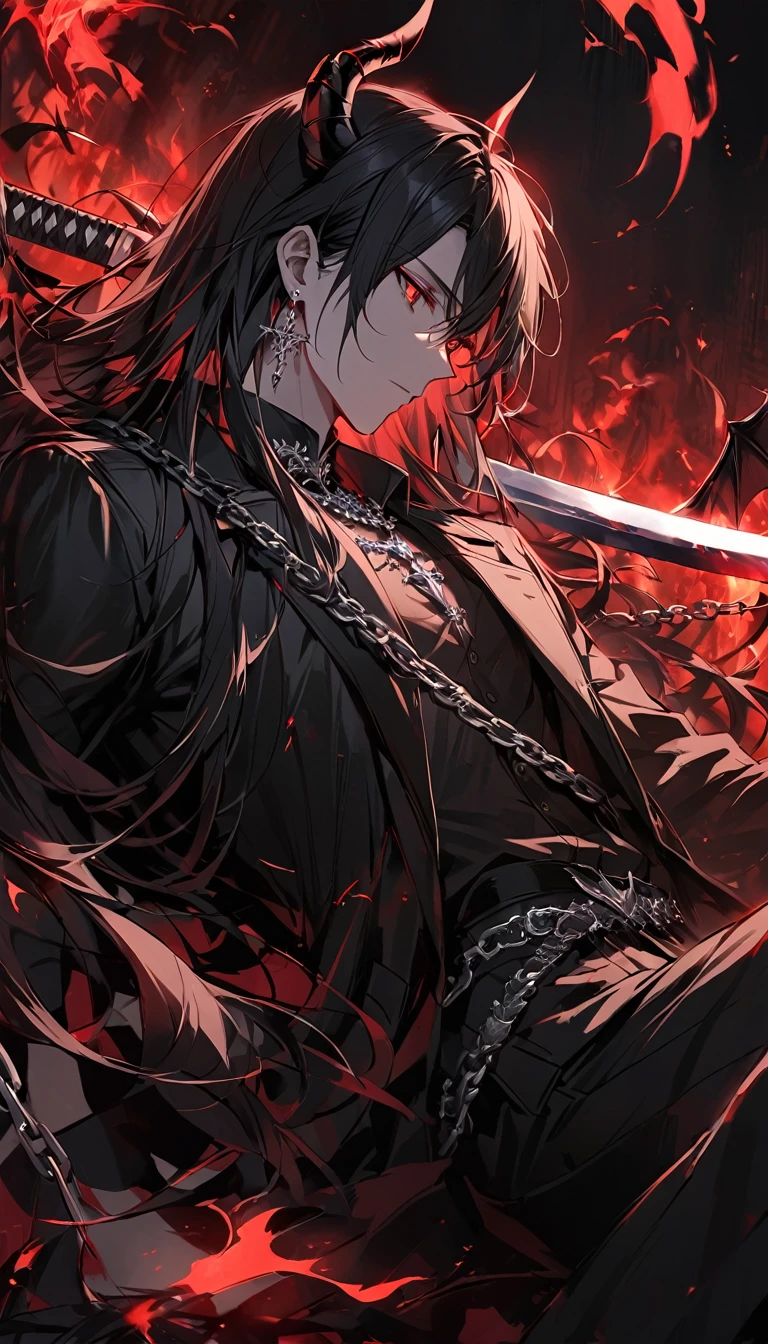 alone, good looking, 1 male, Long hair, Middle parted, Black hair, Red eyes, Black shirt, White Thailand, Black Trench Coat, Royal Silver Jewellery, Royal Demon Earrings, Black horns, Demon Crown, Demonic Katana Sword, Chains, On Back, Demonic Black flames Aura, Side profile, fallen angel, melancholy