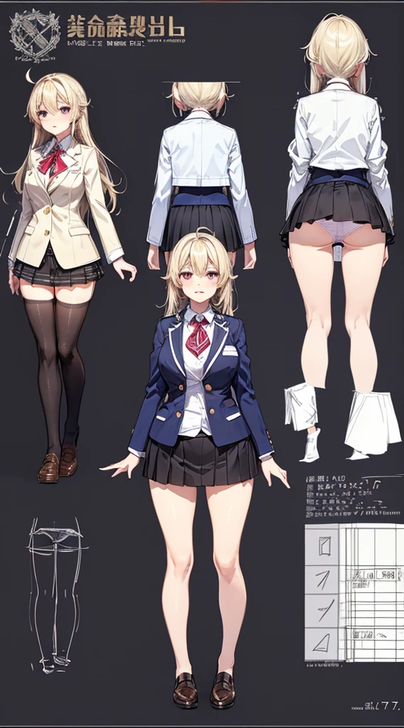 girl, alone, whole body, From head to toe, Are standing, (Huge_chest:1.3),

Character design sheet, Character Reference Sheet, 設計図のSchematic, Drafting, Blueprint, Schematic,
((Character design sheet:1.7, Character Reference Sheet:1.7,)),

anime/cartoon character wearing a girls , 1girl, alone, Thigh-high socks, blazer burezaa (blazer), Ahoge, Long Hair, bow, , shoes, loafers, ribbon, (Very short skirt:1.4), (panties:1.5),, (Good:1.7),(In underwear:1.7),nsfw