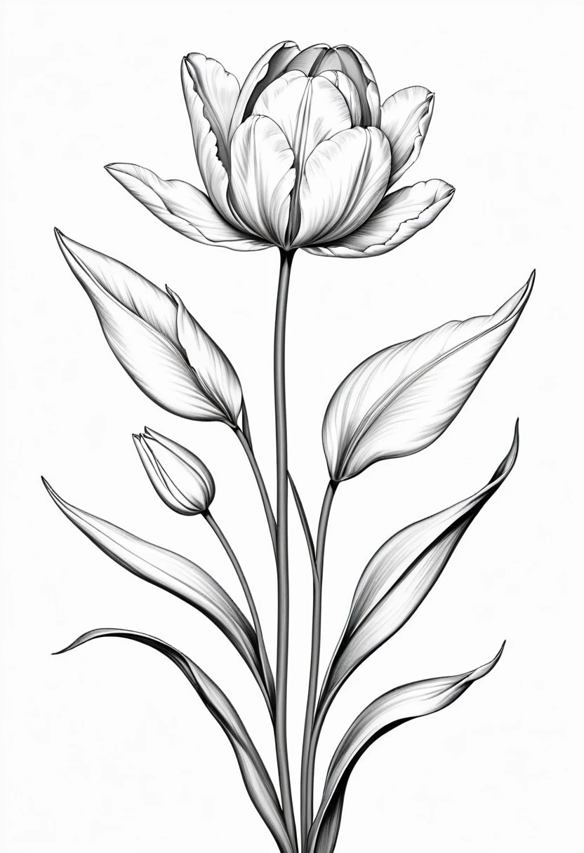 thin line drawing without shading and without black areas, tulip drawing, On white background, monochrome, black andwhite, no shadows, white background